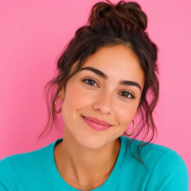 Create a close-up portrait of a person facing the camera with a gentle, happy expression and a slightly tilted head. They are wearing a bright teal top that contrasts with the background. The camera is at eye level with a tight crop from the shoulders up. The background is a smooth solid bubblegum pink wall. The lighting is soft and even with no harsh shadows. The style is fresh and colorful with a playful color palette. Use aspect ratio 1:1.