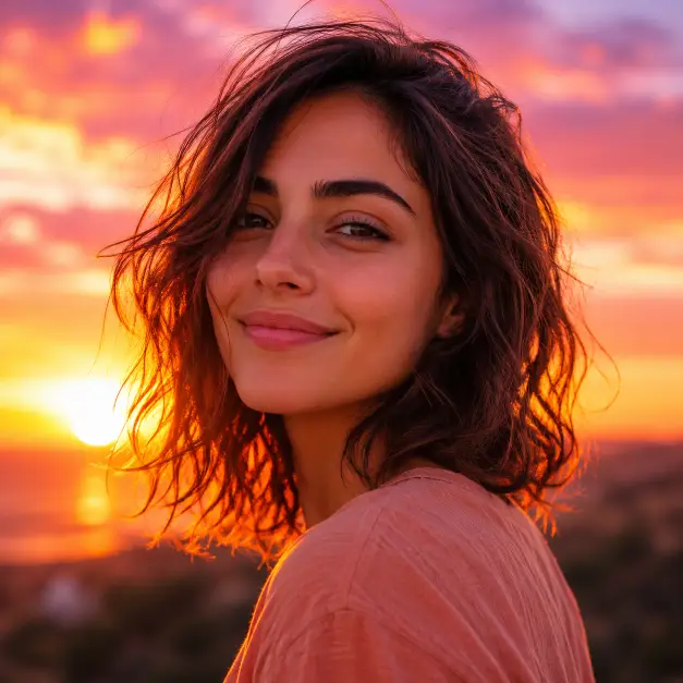 Create a close-up portrait of a person standing outdoors with a sunset behind them, head slightly turned and a soft smile. They are wearing a light casual top in a warm tone. The camera is at eye level with a shallow depth of field. The background is a glowing sunset sky in vivid orange, pink, and purple tones with a blurred horizon. Use warm backlighting that creates a colorful glow around the hair and shoulders. The mood is dreamy and vibrant. Use aspect ratio 1:1.