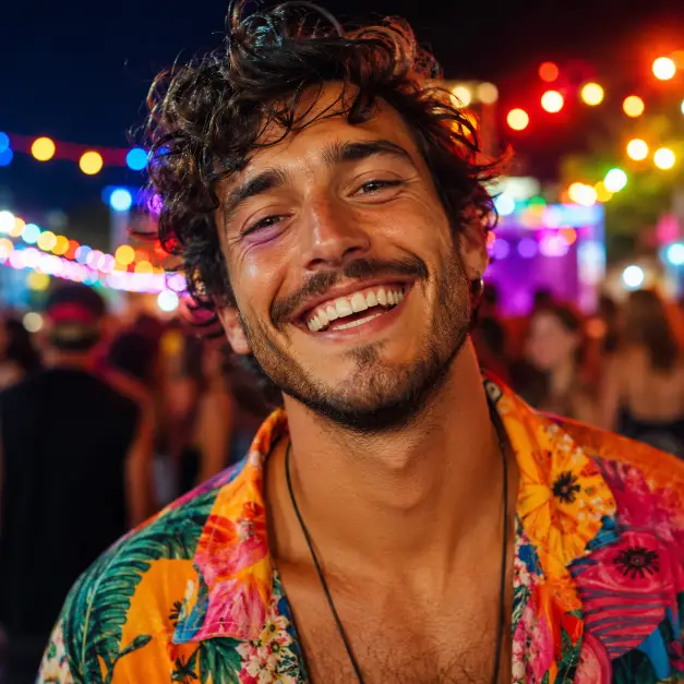 Create a close-up portrait of a person at an outdoor festival with a wide joyful smile and a relaxed posture. They are wearing a casual bright patterned shirt. The camera is at eye level with a shallow depth of field. The background is a blurred festival scene with colorful string lights and glowing bokeh in many colors. The lighting is warm and festive with vivid highlights. The mood is fun and energetic. Use aspect ratio 1:1.