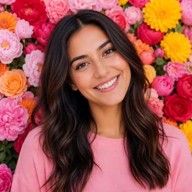 Create a close-up portrait of a person standing in front of a flower wall with a bright natural smile and head slightly tilted. They are wearing a plain soft pink top. The camera is at eye level with a tight crop from the chest up. The background is a dense wall of colorful flowers in pink, red, yellow, and orange. The lighting is soft and even. The style is cheerful and vibrant with rich color. Use aspect ratio 1:1.
