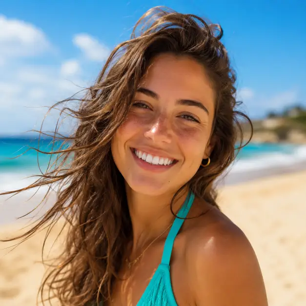 Create a close-up portrait of a person at the beach with a happy, carefree expression and wind in their hair. They are wearing a bright turquoise top. The camera is at eye level with a shallow depth of field. The background is a blurred sunny beach with golden sand and a vivid blue ocean and sky. The lighting is bright natural sunlight with warm tones. The mood is fresh and summery. Use aspect ratio 1:1.