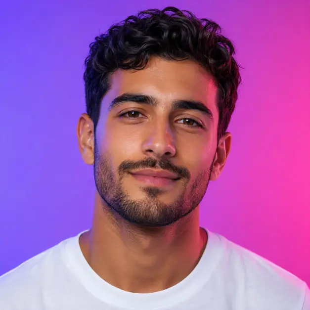 Create a close-up portrait of a person facing the camera with a calm, confident smile and relaxed shoulders. They are wearing a plain white t-shirt. The camera is at eye level with a tight crop from the shoulders up. The background is a smooth gradient blending from violet to magenta. Use soft even lighting with subtle colored reflections on the face. The style is modern and vibrant. Use aspect ratio 1:1.