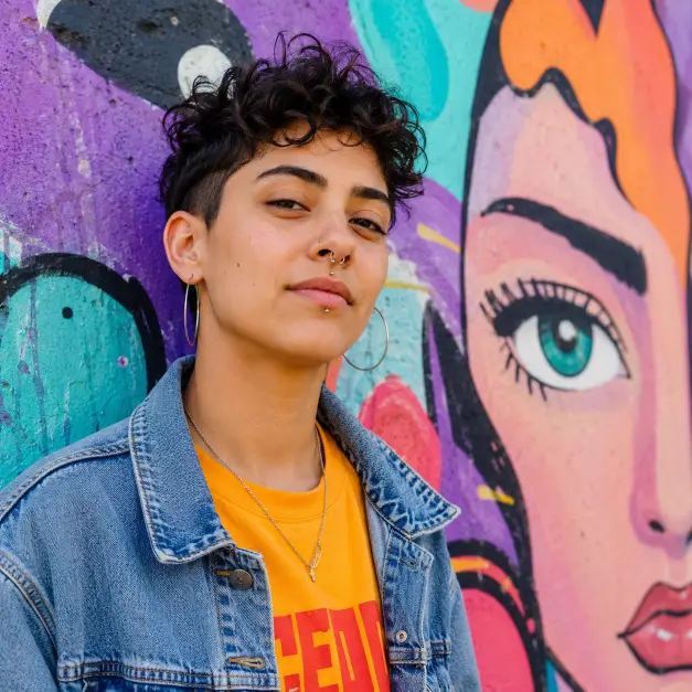 Create a close-up portrait of a person standing in front of a colorful street mural with a cool, easy expression looking into the camera. They are wearing a denim jacket over a bright t-shirt. The camera is at eye level, slightly off-center for an asymmetrical composition. The background is a vivid graffiti-style mural with bold colors. The lighting is bright natural daylight. The style is artsy, urban, and full of color. Use aspect ratio 1:1.