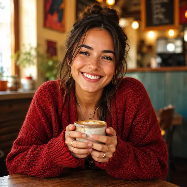 Create a close-up portrait of a person sitting at a wooden cafe table, leaning slightly forward with both hands wrapped around a coffee cup and a bright smile. They are wearing a warm red cardigan. The camera is at eye level with a shallow depth of field. The background shows a warm, blurred cafe interior with colorful decor and golden window light. The lighting is warm and inviting. The mood is cozy and vibrant. Use aspect ratio 1:1.