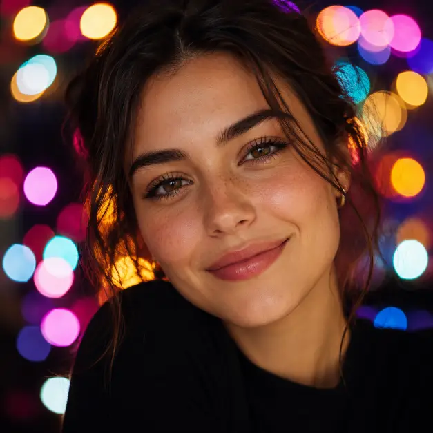 Create a close-up portrait of a person looking at the camera with a soft, happy expression and relaxed posture. They are wearing a plain black top so the colors behind them stand out. The camera is very close at eye level with a tight crop on the face. The background is a dark scene filled with colorful out-of-focus bokeh lights in many colors. Use gentle lighting on the face with warm tones. The mood is dreamy and vibrant. Use aspect ratio 1:1.