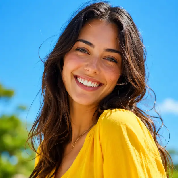 Create a close-up portrait of a person standing outdoors on a sunny day with a bright happy smile and shoulders slightly angled. They are wearing a vivid yellow top. The camera is at eye level with a shallow depth of field. The background is a clear blue sky with a hint of soft green trees. The lighting is bright natural sunlight with punchy color. The style is fresh, cheerful, and vibrant. Use aspect ratio 1:1.