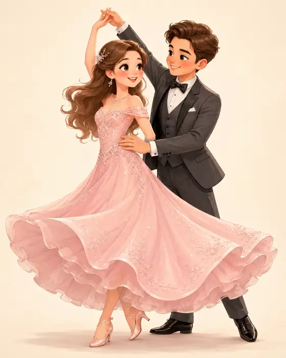 Create a cute cartoon illustration of a happy couple ballroom dancing together. The woman is mid-twirl with one hand raised and her long blush-pink gown spinning out in a soft swirl, and the man is guiding her with one hand on her waist and a warm smile. She is wearing a sparkling off-shoulder gown with delicate detailing, and he is in a dark gray three-piece suit with a bow tie. Both have bright cheerful expressions and rosy cheeks. The camera is at eye level capturing their full bodies. Soft studio lighting with a clean cream background. Warm pastel color palette with a polished storybook illustration style. Use aspect ratio 4:5.