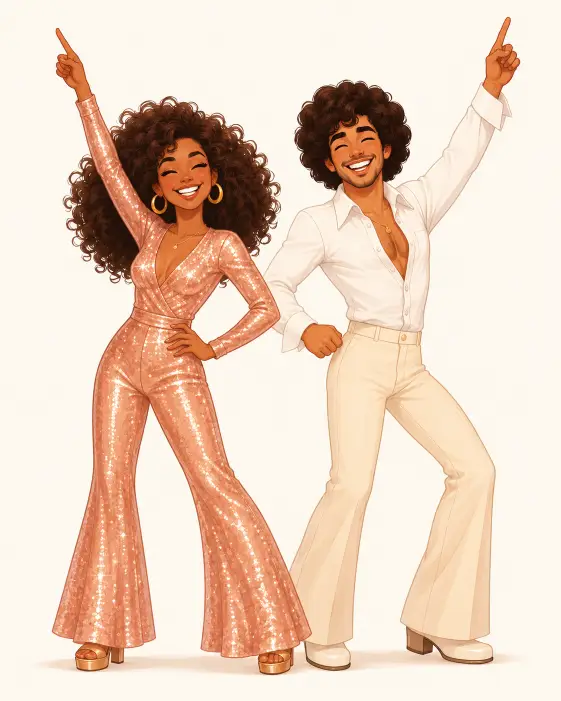 Create a cute cartoon illustration of a couple dancing to disco music with big joyful smiles. The woman has one hand on her hip and the other pointing up in a classic disco move, and the man mirrors her energy with one arm raised and a wide grin. She is wearing a shimmering rose-gold jumpsuit with wide flared legs, and he is in a fitted white shirt with cream flared trousers. The woman has voluminous curly hair and gold hoop earrings. The camera is at eye level showing their full figures. Soft even lighting with a plain off-white background. Glowing pastel tones with a smooth modern illustration style. Use aspect ratio 4:5.