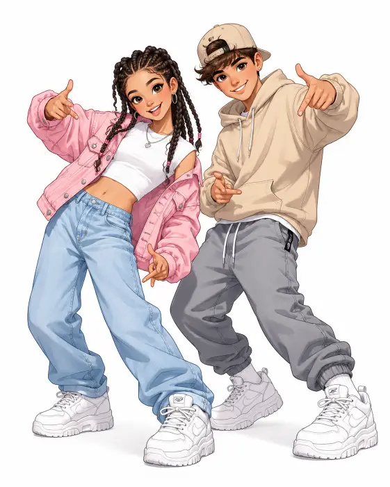 Create a cute cartoon illustration of a teenage couple doing a hip-hop dance pose together, both leaning to one side with bent knees and pointed fingers. They are smiling with playful energy and looking toward the camera. The girl is wearing a cropped white tee, an oversized pink denim jacket, and light blue baggy jeans, and the boy is in a beige hoodie with cuffed gray joggers, both wearing chunky white sneakers. She has braided hair and he wears a small cap. The camera is at eye level capturing the full bodies. Bright soft lighting with a clean white background. Cheerful pastel palette with a crisp cartoon illustration style. Use aspect ratio 4:5.