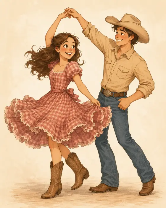 Create a cute cartoon illustration of a couple country dancing with playful energy. The woman is mid-spin with her ruffled skirt flaring out and one hand linked with her partner, and the man is leaning back slightly with a happy grin while holding her hand up high. She is wearing a dusty-rose checkered dress with cowboy boots, and he is in a tan button-up shirt, blue jeans, and a wide-brimmed cowboy hat. Both have bright smiles and rosy cheeks. The camera is at eye level showing their full bodies. Warm soft lighting with a light neutral background. Earthy pastel color palette with a charming hand-drawn illustration style. Use aspect ratio 4:5.