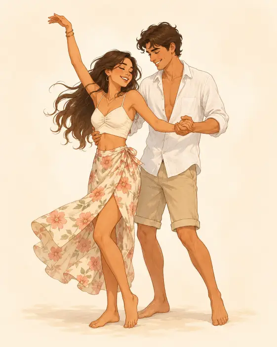 Create a cute cartoon illustration of a couple dancing barefoot together with carefree joy. The woman is reaching one arm up while holding her partner's hand, hips swaying to the side, and the man has one hand on her back with a gentle smile. She is wearing a flowy floral wrap skirt with a soft cropped top, and he is in an open white linen shirt with rolled khaki shorts. She has long wavy hair caught in light motion. The camera is at eye level capturing the full scene. Soft warm lighting with a plain pale background. Light airy pastel tones with a smooth illustration style. Use aspect ratio 4:5.