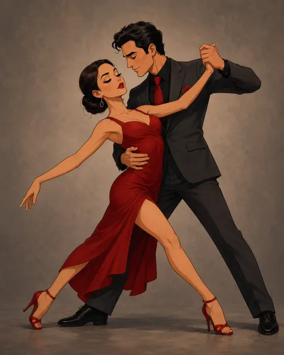 Create a cute cartoon illustration of a couple in a dramatic tango pose. The woman is leaning back gracefully with one leg extended and her arm draped, and the man is supporting her with a firm hold and a confident expression. She is wearing a fitted red dress with a side slit and red heels, and he is in a dark charcoal suit with a red tie. She has sleek dark hair in a low bun and bold lips. The camera is at eye level showing their full bodies. Soft moody lighting with a clean neutral background. Warm red and gray color palette with an expressive cartoon illustration style. Use aspect ratio 4:5.
