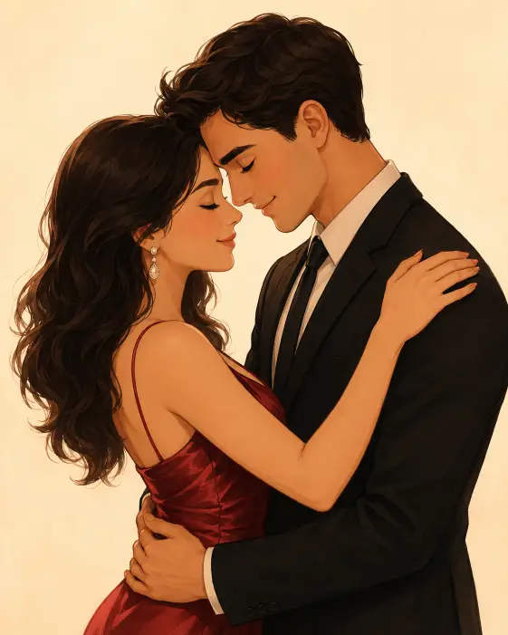Create a cute cartoon illustration of a couple slow dancing close together with eyes gently closed. They are holding each other with their foreheads almost touching and soft loving smiles. The woman is wearing a deep red satin midi dress with heeled sandals, and the man is in a black suit with a slim tie. She has dark hair styled in soft waves with drop earrings. The camera is at eye level capturing them from the waist up. Soft warm lighting with a clean cream background. Gentle pastel and red tones with a tender storybook illustration style. Use aspect ratio 4:5.