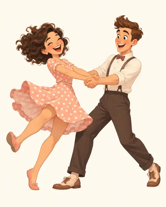 Create a cute cartoon illustration of a couple swing dancing with bouncy energy. The woman is being lifted slightly with one leg kicked out and a big laughing smile, and the man is holding her hands firmly with an excited grin. She is wearing a polka-dot blush dress with a swinging skirt and flat shoes, and he is in suspenders over a white shirt with rolled sleeves and dark trousers. She has curly shoulder-length hair in motion. The camera is at eye level showing their full bodies. Bright soft lighting with a plain off-white background. Cheerful pastel palette with a lively cartoon illustration style. Use aspect ratio 4:5.