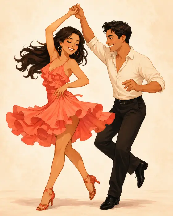 Create a cute cartoon illustration of a couple dancing salsa with lively movement. The woman is spinning with her flared skirt twirling out and one hand held high by her partner, and the man is mid-step with bent knees and a joyful expression. She is wearing a coral ruffled dress with strappy heels, and he is in a fitted cream shirt with dark dress pants. She has long dark hair flowing with the spin. The camera is at eye level capturing their full bodies. Soft warm lighting with a clean light background. Warm coral and cream pastel tones with a smooth cartoon illustration style. Use aspect ratio 4:5.