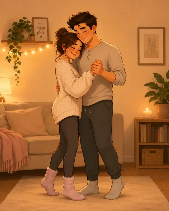 Create a cute cartoon illustration of a couple dancing together in their living room. They are holding hands and gently swaying with relaxed happy smiles, the woman resting her head near her partner's shoulder. She is wearing a soft oversized sweater with cozy leggings and fuzzy socks, and he is in a plain henley shirt with comfortable joggers. Both have warm relaxed expressions. The camera is at eye level showing their full bodies. Soft golden indoor lighting with a plain warm background. Cozy pastel color palette with a gentle illustration style. Use aspect ratio 4:5.