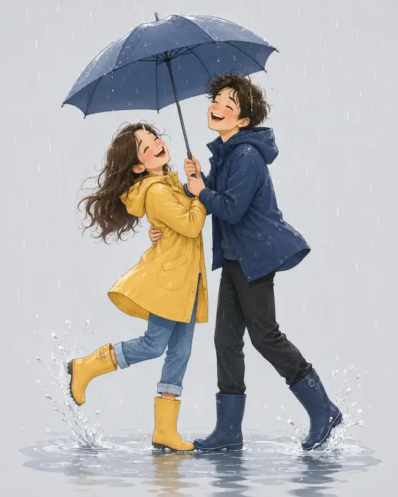 Create a cute cartoon illustration of a couple dancing happily in the rain. They are holding one umbrella together while spinning, both laughing with their faces tilted up, one foot splashing in a small puddle. The woman is wearing a yellow raincoat with rolled jeans and rain boots, and the man is in a navy jacket with dark pants and matching boots. Both have cheerful expressions and slightly damp hair. The camera is at eye level capturing their full bodies. Soft cool lighting with a plain pale gray background. Fresh pastel tones with a charming cartoon illustration style. Use aspect ratio 4:5.