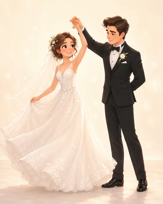 Create a cute cartoon illustration of a newlywed couple sharing their first dance. The bride is being gently spun with her gown flowing out and a soft glowing smile, and the groom is guiding her with one hand while looking at her lovingly. The bride is wearing a flowing white wedding gown with a delicate veil, and the groom is in a classic black tuxedo with a bow tie. The bride has soft curls pinned with small flowers. The camera is at eye level showing their full bodies. Soft dreamy lighting with a clean ivory background. Light romantic pastel palette with a polished storybook illustration style. Use aspect ratio 4:5.