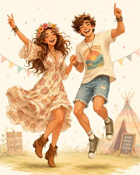 Create a cute cartoon illustration of a couple dancing happily at an outdoor festival. They are both jumping slightly with arms raised and wide joyful smiles, full of energy. The woman is wearing a flowy bohemian dress with a flower crown and ankle boots, and the man is in a relaxed graphic tee with denim shorts and sneakers. She has long loose waves and he has tousled hair. The camera is at eye level capturing their full bodies. Soft warm lighting with a plain light background. Bright cheerful pastel tones with a lively cartoon illustration style. Use aspect ratio 4:5.