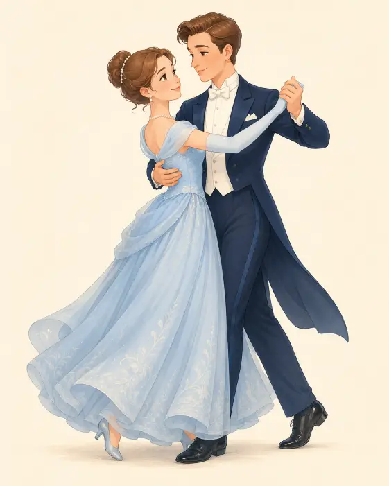 Create a cute cartoon illustration of a couple waltzing gracefully together. They are in a classic waltz hold, gliding smoothly with gentle smiles and a calm elegant posture. The woman is wearing a pale blue floor-length gown with soft gloves, and the man is in a fitted dark blue tailcoat with a white shirt. She has her hair pinned up neatly with small pearl details. The camera is at eye level showing their full bodies. Soft even lighting with a clean cream background. Delicate pastel color palette with a refined storybook illustration style. Use aspect ratio 4:5.