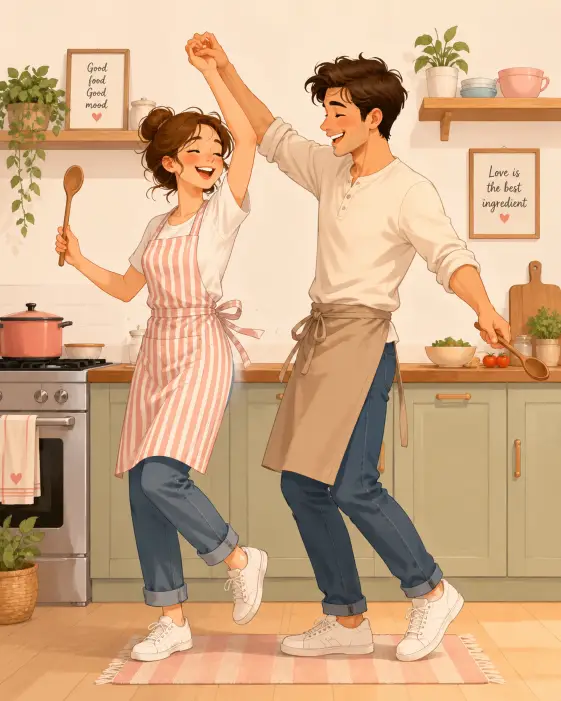 Create a cute cartoon illustration of a couple dancing playfully in the kitchen while cooking. They are holding hands and twirling near the counter, both laughing with big happy smiles, a wooden spoon still in one hand. The woman is wearing a striped apron over a casual tee and jeans, and the man is in a plain shirt with rolled sleeves and an apron tied around his waist. Both have cheerful relaxed expressions. The camera is at eye level capturing their full bodies. Warm soft indoor lighting with a plain light background. Cheerful pastel tones with a charming cartoon illustration style. Use aspect ratio 4:5.