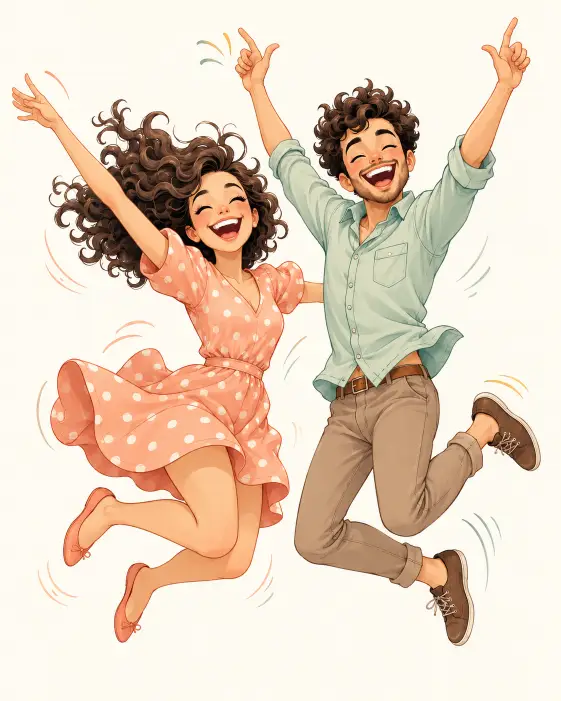 Create a cute cartoon illustration of a couple dancing with a big energetic jump. Both are caught mid-air with arms thrown up, knees bent, and huge laughing smiles. The woman is wearing a soft polka-dot dress with flat shoes, and the man is in a casual button-up shirt with rolled sleeves and slim trousers. Both have curly hair caught in motion and bright joyful faces. The camera is at eye level showing their full bodies with light motion lines. Bright soft lighting with a plain off-white background. Lively pastel color palette with a bouncy cartoon illustration style. Use aspect ratio 4:5.