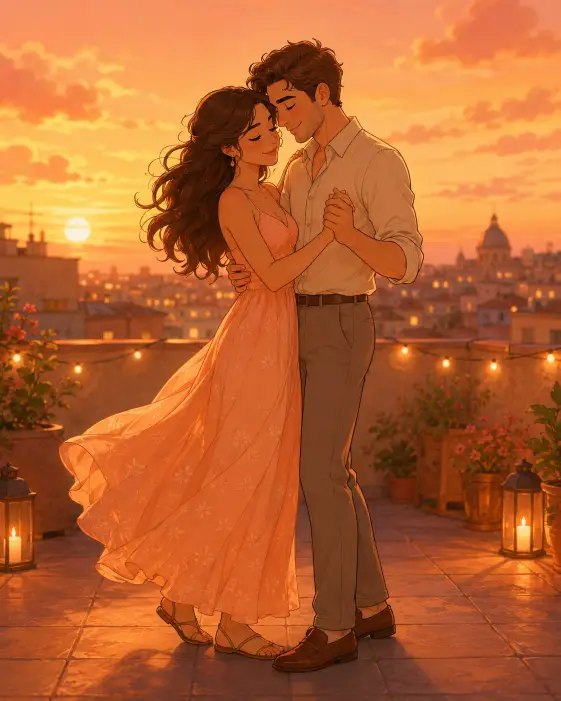 Create a cute cartoon illustration of a couple slow dancing on a rooftop at sunset. They are in a close gentle hold, swaying softly with peaceful smiles, the woman's dress moving slightly in the breeze. She is wearing a flowing peach maxi dress with simple sandals, and the man is in a light beige shirt with rolled sleeves and tailored trousers. Both have warm relaxed expressions. The camera is at eye level capturing their full bodies with a soft blurred rooftop edge behind them. Warm golden sunset lighting with a soft glowing background. Warm peach and amber pastel tones with a tender storybook illustration style. Use aspect ratio 4:5.
