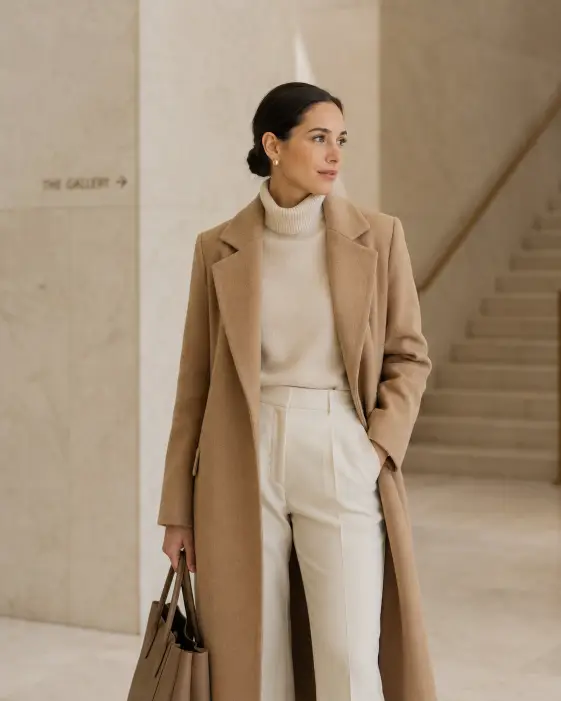 Create a photo of a woman in her early 30s standing in a minimalist marble lobby, one hand resting in her coat pocket and her weight shifted slightly to one side. She is wearing a long camel wool coat over a cream cashmere turtleneck and tailored ivory trousers, with simple gold stud earrings and a structured leather tote. Her hair is in a sleek low bun. Shoot at eye level with a shallow depth of field. The background shows pale marble walls and a soft staircase fading out of focus. Lighting is soft and diffused with warm beige tones throughout. The mood is quiet, editorial, and understated. Use aspect ratio 4:5.
