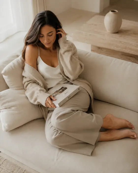 Create a photo of a woman sitting curled up on a cream linen sofa with a hardcover book resting on her lap and her legs tucked to one side. She is wearing an oversized beige cashmere cardigan, a white silk camisole, and soft tailored trousers, with bare feet and minimal jewelry. Her hair falls loosely over one shoulder. Shoot from a slightly above angle looking gently down. The background features a neutral-toned room with a low coffee table and a single ceramic vase. Lighting is warm and natural from a nearby window. Soft ivory and oat color tones. The mood is cozy and quietly luxurious. Use aspect ratio 4:5.