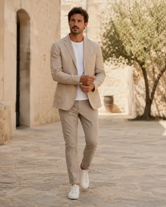Create a photo of a man walking slowly through a stone courtyard, captured mid-stride with one hand adjusting the cuff of his jacket. He is wearing a soft unstructured beige blazer over a white crew neck tee, slim stone-colored chinos, and minimalist white leather sneakers. His expression is calm and focused ahead. Shoot from a slightly low angle to capture his full figure. The background is a sunlit courtyard with smooth stone walls and a single olive tree softly out of focus. Warm, natural midday light with gentle shadows. Muted sand and cream palette. The mood is effortless and refined. Use aspect ratio 4:5.