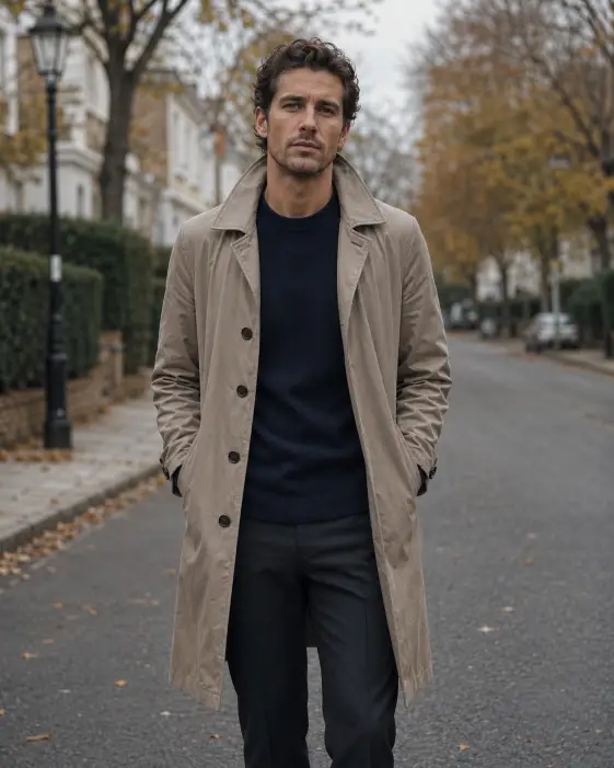 Create a photo of a man standing on a quiet tree-lined street, hands in the pockets of his coat with a relaxed, grounded posture. He is wearing a stone-colored trench coat over a fine navy knit and dark tailored trousers, with polished brown leather shoes. His expression is calm and direct. Shoot at eye level with a slightly tight frame from the knees up. The background is a softly blurred residential street with muted autumn trees. Lighting is overcast and even, with gentle cool-warm balance. Muted taupe and grey palette. The mood is understated and timeless. Use aspect ratio 4:5.
