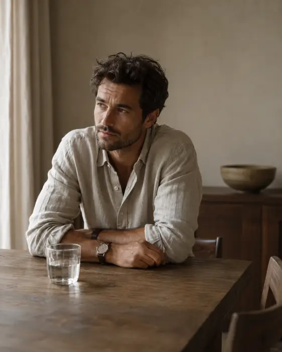 Create a photo of a man sitting at a long wooden dining table with a glass of water in front of him, leaning forward with his forearms resting on the table. He is wearing a soft oatmeal linen shirt with the sleeves rolled, and a plain leather strap watch. His expression is relaxed and thoughtful. Shoot at a slight three-quarter angle from across the table. The background shows a warm neutral dining space with a single ceramic bowl and soft shadows. Lighting is warm and diffused from a side window. Muted oat and walnut palette. The mood is calm and understated. Use aspect ratio 4:5.