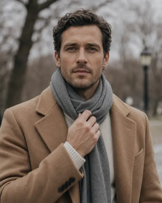 Create a photo of a man standing outdoors in cool weather, one hand adjusting a soft draped scarf around his neck. He is wearing a camel overcoat over a cream knit, dark trousers, and brown leather boots, with a neutral grey cashmere scarf. His expression is calm and steady. Shoot at eye level with a slightly tight frame from the chest up. The background is a softly blurred park with bare branches and muted winter light. Soft, cool diffused lighting. Muted camel and grey palette. The mood is quiet and timeless. Use aspect ratio 4:5.