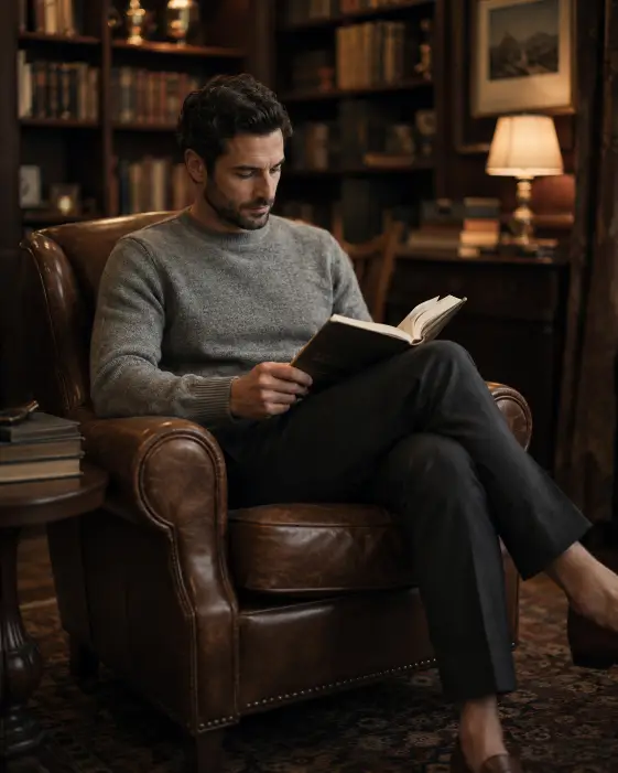 Create a photo of a man sitting in a leather club chair in a study, holding an open book with one hand and looking down at the page. He is wearing a soft grey crewneck sweater, dark tailored trousers, and brown leather loafers. His expression is calm and absorbed. Shoot at a slight three-quarter angle from chest height with a shallow depth of field. The background is a softly blurred wall of bookshelves with warm wood tones and a single lamp glowing. Warm, low ambient lighting. Muted brown and grey palette. The mood is refined and quiet. Use aspect ratio 4:5.