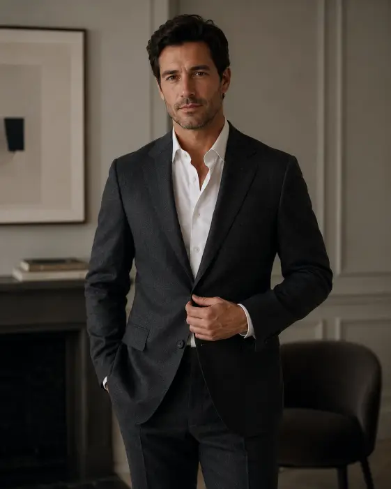 Create a photo of a man standing in a softly lit room wearing a well-fitted suit with no tie, one hand adjusting his jacket button. He is wearing a charcoal wool suit over a plain white shirt with the top button open, and polished black leather shoes. His expression is calm and confident. Shoot at eye level with a slightly tight frame from the knees up. The background is a softly blurred neutral interior with muted walls. Soft, even diffused lighting. Muted charcoal and white palette. The mood is refined and understated. Use aspect ratio 4:5.