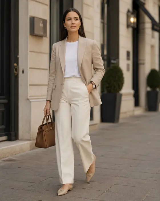 Create a photo of a woman walking slowly along a quiet pavement, holding a structured leather handbag in one hand and looking ahead calmly. She is wearing a soft beige blazer over a white tee, straight-leg cream trousers, and pointed flats, with a simple watch and small earrings. Her hair is sleek and centered. Shoot from a slightly low angle, captured mid-stride. The background is a softly blurred neutral street with muted buildings. Soft, natural daylight. Warm beige and ivory tones. The mood is effortless and refined. Use aspect ratio 4:5.
