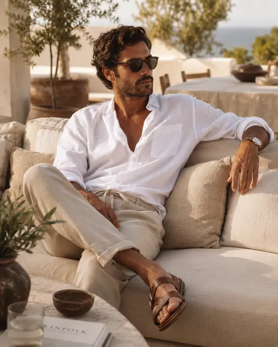 Create a photo of a man sitting on a low outdoor sofa on a terrace, leaning back with one arm draped over the cushions. He is wearing a soft white linen shirt with the sleeves rolled and beige drawstring trousers, with leather sandals and a relaxed expression. Shoot at a slight three-quarter angle from chest height. The background shows a softly blurred terrace with linen-draped furniture and warm greenery. Soft, warm afternoon light. Muted white and sand palette. The mood is calm and quietly luxurious. Use aspect ratio 4:5.