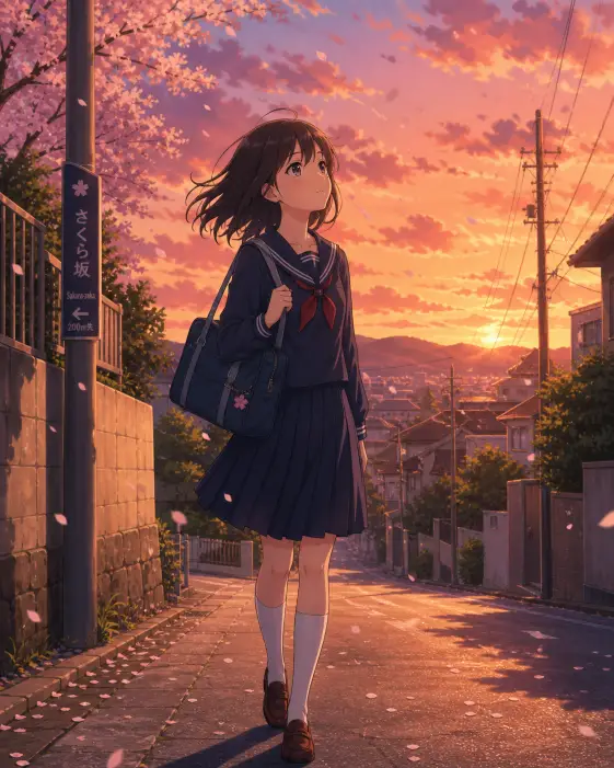 Create an anime style illustration of a teenage girl walking home along a quiet suburban street at sunset, holding a school bag over one shoulder and looking slightly upward at the sky. She is wearing a generic navy blue school uniform with a white collar, a red ribbon tie, a pleated skirt, and white knee-high socks with brown loafers. Her medium-length dark hair is gently lifted by the breeze. The camera angle is at eye level from a slight three-quarter view. Warm orange and pink tones fill the sky with cherry blossom petals drifting through the air. Soft cel-shaded coloring with painterly cloud textures and a dreamy, slice-of-life atmosphere. Use aspect ratio 4:5.