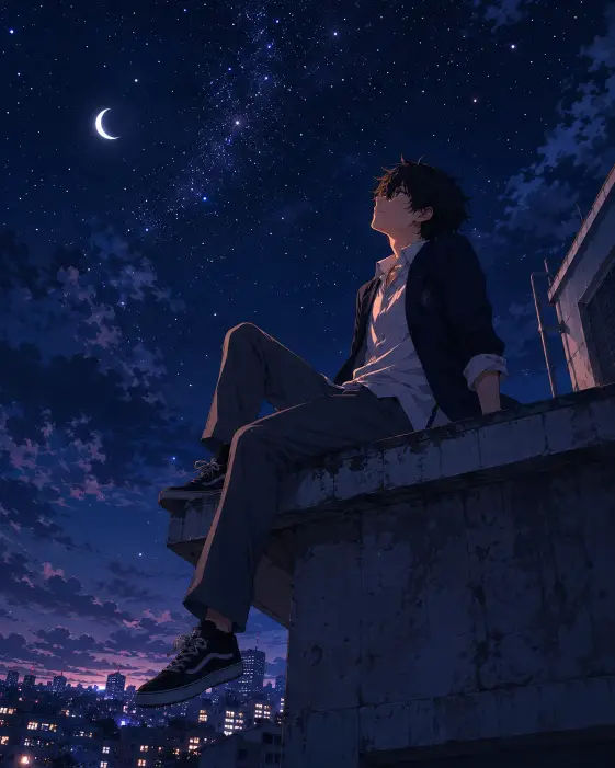 Create an anime style illustration of a young man sitting on the edge of a school rooftop at night, leaning back on his hands with one leg dangling and the other bent. He is wearing a loose white button-up shirt with the sleeves rolled up, a dark unbuttoned blazer, gray trousers, and black sneakers. His tousled black hair falls slightly over his eyes as he gazes up at the stars with a thoughtful expression. The camera is at a low angle looking up at him. The background shows a deep navy night sky with countless glowing stars and a soft crescent moon, with distant city lights twinkling far below. Cool blue and purple shadows with warm highlights on his face. Cinematic anime composition. Use aspect ratio 4:5.