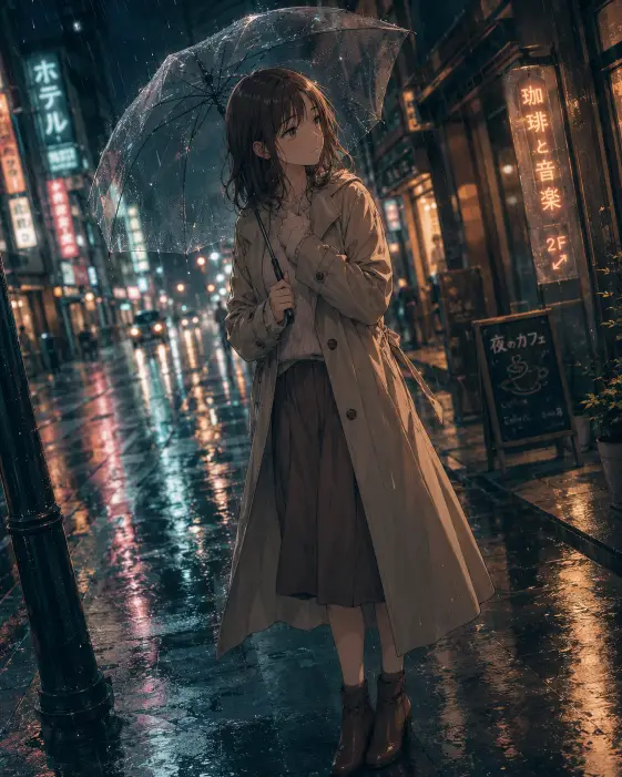 Create an anime style illustration of a young woman standing alone on a wet city sidewalk holding a transparent umbrella above her head, her free hand resting against her chest. She is wearing a long beige trench coat over a soft cream sweater, a knee-length brown skirt, and ankle boots. Her shoulder-length brown hair is slightly damp around the edges. She has a calm, slightly melancholic expression as she looks off to the side. The camera is at chest height, slightly tilted. The background shows a softly blurred street with glowing neon shop signs reflecting in puddles and fine rain falling diagonally across the frame. Muted teal and amber color palette with a painterly, cinematic anime mood. Use aspect ratio 4:5.