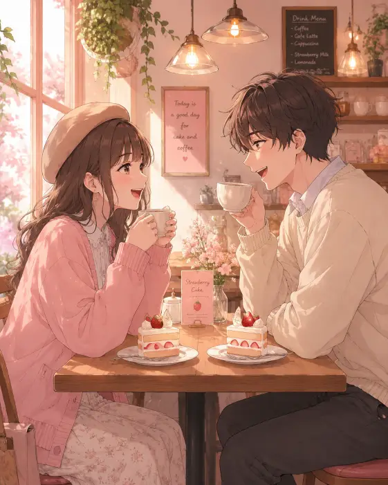 Create an anime style illustration of a young couple sitting across from each other at a small wooden cafe table by a sunlit window. The girl is wearing a soft pink cardigan over a white blouse with a beige beret, and the boy is wearing a cream sweater over a collared shirt. They are both holding cups of coffee, mid-laugh, with their eyes locked on each other. Two slices of strawberry cake sit on the table between them. The camera is at table height, capturing them from a side angle. The background shows a cozy cafe interior with hanging plants, warm pendant lights, and soft sunlight streaming through the window. Pastel pink, peach, and cream color palette with soft cel-shaded anime style. Use aspect ratio 4:5.