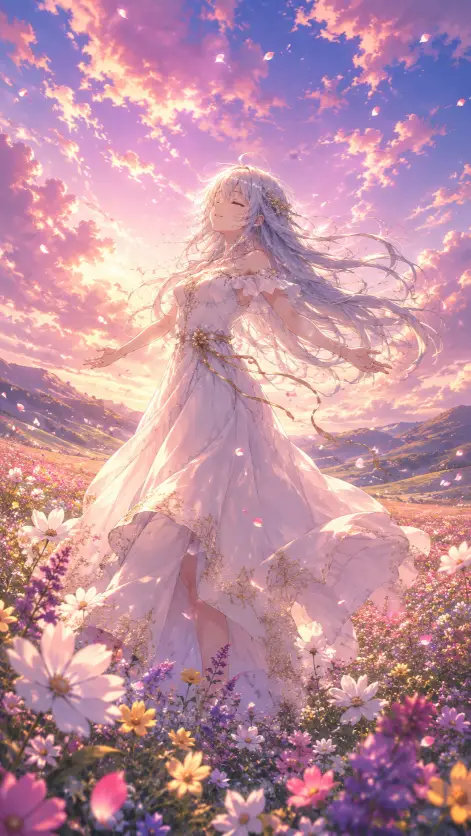 Create an anime style illustration of a young woman with long flowing silver hair standing in the middle of a vast field of blooming flowers, arms gently outstretched as petals swirl around her. She is wearing a flowing white off-shoulder dress with delicate gold embroidery along the hem and a thin gold ribbon tied around her waist. Her expression is serene with closed eyes and a faint smile. The camera is at a low angle looking slightly up at her with a wide composition. The background features a sky full of soft cumulus clouds painted in pink, lavender, and gold tones, with distant rolling hills covered in wildflowers. Painterly anime style with glowing rim light and a fantasy, ethereal atmosphere. Use aspect ratio 9:16.
