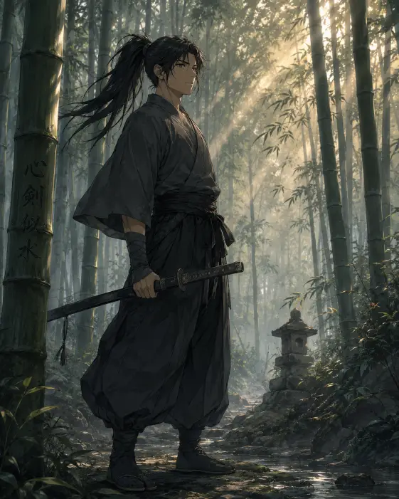 Create an anime style illustration of a young warrior standing in a misty bamboo forest, holding a long sheathed sword in one hand at their side and looking off into the distance with focused eyes. The figure is wearing loose dark gray training robes tied with a wide black sash, simple wrist wraps, and traditional split-toe footwear. Their long black hair is tied back in a high ponytail with a few strands loose around the face. The camera is at eye level from a slight side angle. Tall green bamboo stalks fill the frame with soft beams of sunlight cutting through morning mist. Cool green and gray tones with warm golden light highlights. Painterly anime composition with a calm, focused atmosphere. Use aspect ratio 4:5.