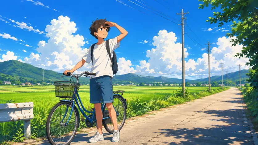 Create an anime style illustration of a teenage boy standing next to his bicycle on a quiet country road in summer, one hand on the handlebars and the other shielding his eyes from the sun. He is wearing a plain white t-shirt, blue denim shorts, white sneakers, and a small backpack. His short brown hair is slightly messy from the wind. The camera is at a slight low angle, three-quarter view. The background shows endless green rice paddies, telephone poles fading into the distance, a few drifting white clouds, and a clear blue summer sky. Cicadas can be implied through the bright lighting. Soft cel-shading with vibrant warm colors and a peaceful, nostalgic anime mood. Use aspect ratio 16:9.