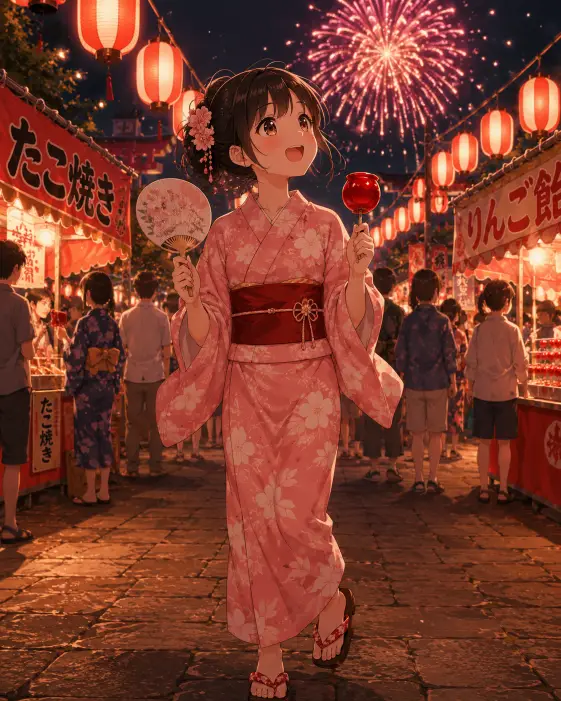 Create an anime style illustration of a young girl walking through a crowded summer festival at night, holding a small paper fan in one hand and a candied apple in the other. She is wearing a soft pink yukata patterned with white floral designs, tied with a deep red obi sash, and traditional wooden geta sandals. Her dark hair is pinned up with a small flower ornament. She is smiling brightly while looking up at the sky. The camera is at slightly below eye level, capturing her from the front. The background is filled with rows of glowing red paper lanterns, food stalls, and softly blurred crowds, with a single firework bursting in pink and gold above. Warm festive color palette with rich anime detail. Use aspect ratio 4:5.