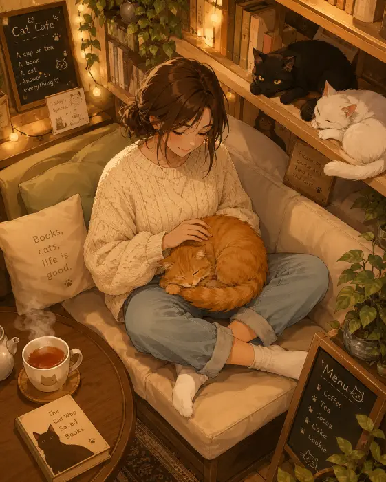 Create an anime style illustration of a young woman sitting cross-legged on a cushioned bench in a cozy cat cafe, gently petting a fluffy orange cat curled up on her lap. Two more cats, one black and one white, are lounging on a nearby shelf. She is wearing an oversized cream knit sweater, light blue jeans rolled at the ankles, and white socks. Her shoulder-length brown hair is loosely tied back. She is looking down at the cat with a soft, content smile. The camera is at a slight overhead angle. The background shows wooden shelves filled with books, warm fairy lights, potted plants, and a steaming cup of tea on a side table. Warm honey and cream color palette with soft cel-shading. Use aspect ratio 4:5.
