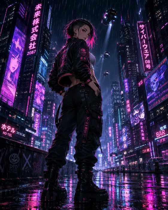 Create an anime style illustration of a young woman standing on a rain-slicked futuristic street at night, hands in her jacket pockets and looking slightly over her shoulder toward the camera. She is wearing a cropped black bomber jacket with neon pink trim, a fitted gray crop top, dark cargo pants, and chunky black boots. Her short asymmetrical hair has bright pink streaks. She has a sharp, confident expression. The camera is at a low angle from behind her. The background features towering buildings covered in glowing neon signs in pink, blue, and purple, holographic billboards, and a few flying transport vehicles in the sky. Heavy rain reflects the neon lights on the wet pavement. Detailed anime cyberpunk style with strong contrast. Use aspect ratio 4:5.