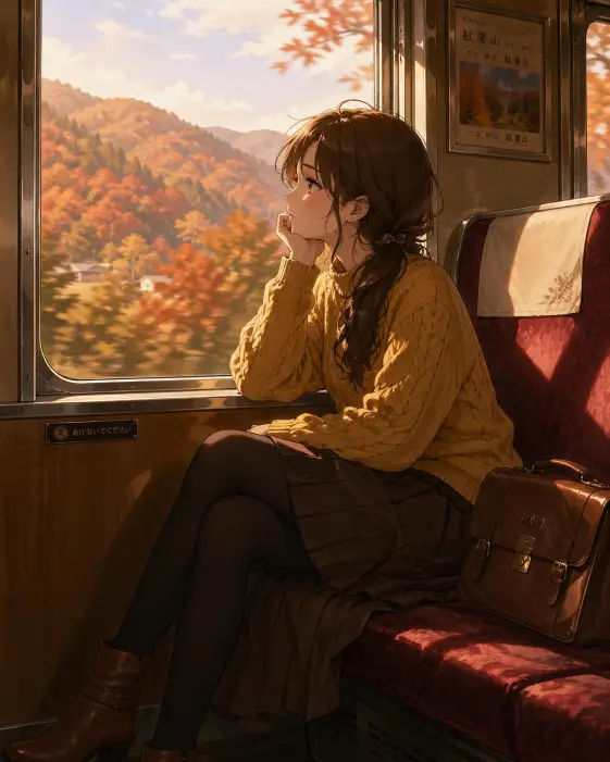 Create an anime style illustration of a young woman sitting alone in a quiet train carriage, resting her cheek on her hand and gazing out the window with a soft, distant expression. She is wearing a mustard yellow knit sweater, a pleated dark brown skirt, black tights, and brown ankle boots. Her chestnut hair is loosely tied to one side with a few strands falling near her face. A small leather satchel sits on the seat beside her. The camera is at a slight side angle, capturing her in profile with the window behind her. The view through the window shows a blurred countryside in deep autumn, with rolling hills covered in red, orange, and golden trees and a soft pale sky. Warm afternoon sunlight filters into the carriage. Painterly anime style with a calm, nostalgic mood. Use aspect ratio 4:5.