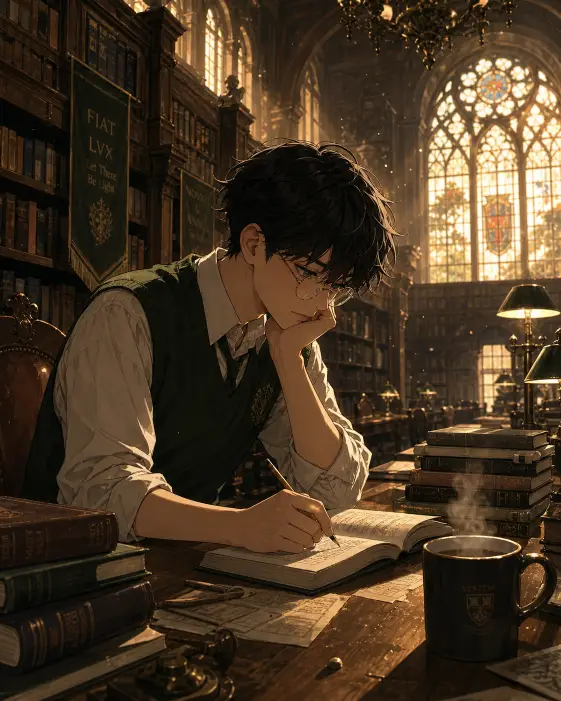 Create an anime style illustration of a young man sitting at a long wooden table in a grand old library, leaning over an open book with his chin resting on one hand and a pencil in the other. He is wearing a dark green sweater vest over a white button-up shirt with the sleeves rolled up, gray slacks, and round wire-frame glasses. His messy black hair falls slightly over his forehead. The camera is at table height from a side three-quarter angle. The background shows tall wooden bookshelves stretching to a high ceiling, stained glass windows letting in warm afternoon light, and a few floating dust particles in the sun beams. Stacks of books and a steaming mug sit on the table. Warm sepia and gold tones with painterly anime detail. Use aspect ratio 4:5.