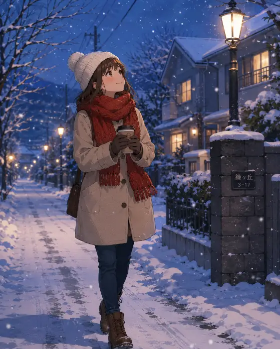 Create an anime style illustration of a young woman walking down a snow-covered street in the early evening, holding a paper cup of hot drink in both gloved hands and tilting her face slightly upward as snowflakes fall around her. She is wearing a thick beige wool coat, a chunky red knit scarf wrapped around her neck, dark jeans, and brown leather boots. A soft white knit beanie covers her shoulder-length brown hair. Her cheeks and nose are slightly pink from the cold. The camera is at eye level from a soft three-quarter view. The background shows a quiet residential street lined with snow-dusted trees, glowing warm yellow streetlamps, and small houses with light coming from the windows. Cool blue tones with warm amber highlights. Soft cel-shaded anime mood. Use aspect ratio 4:5.